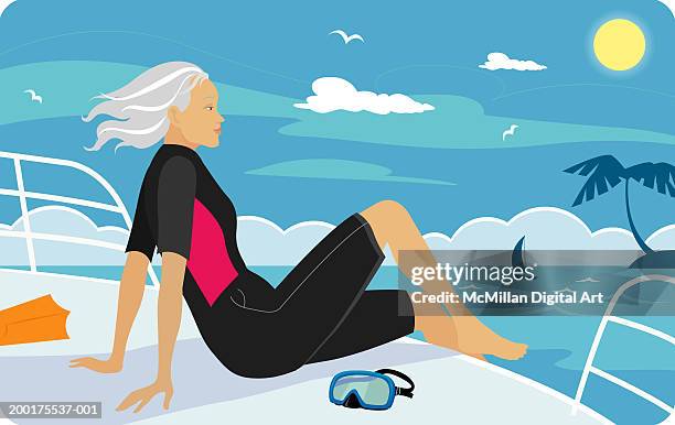 illustrazioni stock, clip art, cartoni animati e icone di tendenza di senior woman in wetsuit sitting on boat deck, side view - muta da sub