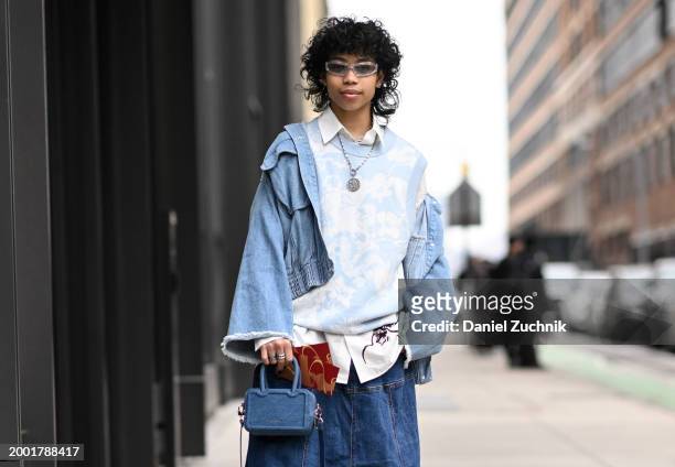 Alveri Lou is seen wearing a Meters/Bonwe jacket, Cos sweater vest and buton down shirt, Burberry sunglasses, Charles Keith bag and German Kabirski...