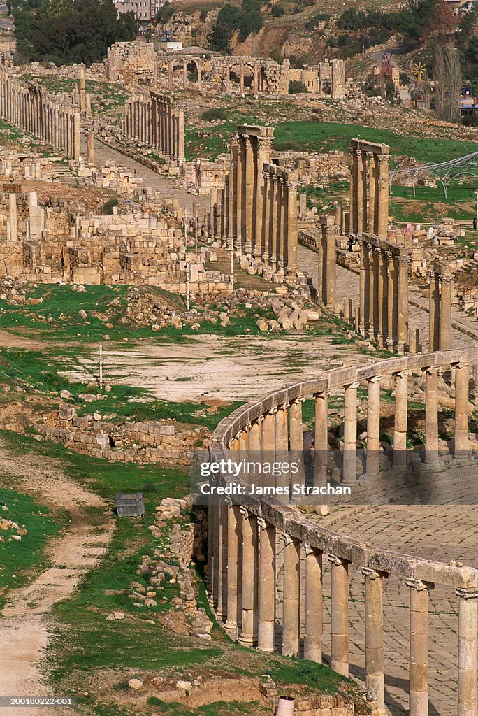 Jordan, Jerash, Oval Precinct, and Cardo, elevated view