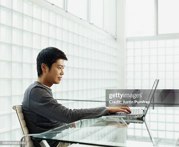 young man using laptop at desk, side view - laptop side view stock pictures, royalty-free photos & images