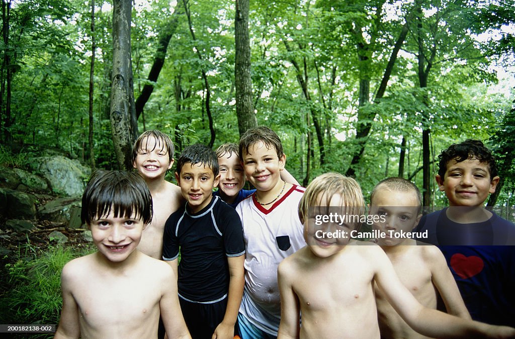 Group of boys (7-9) smiling, summer, portrait
