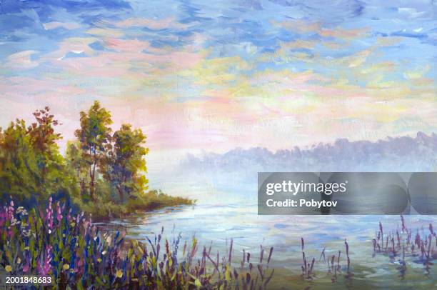 sonnenuntergang auf dem fluss, malerei - acryl auf leinwand stock-grafiken, -clipart, -cartoons und -symbole