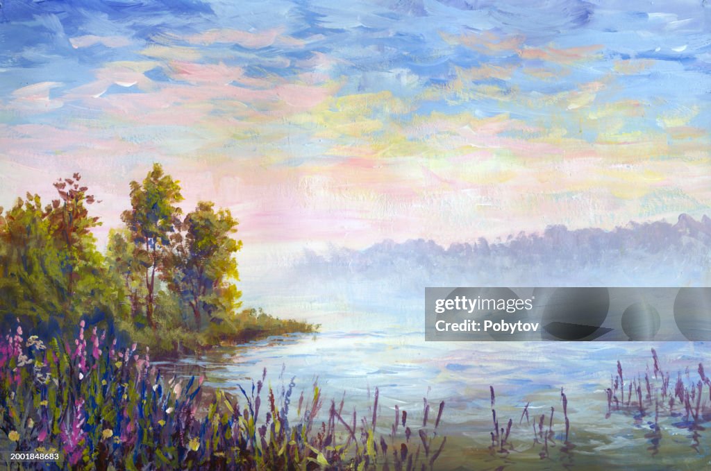 Sunset on the river, painting