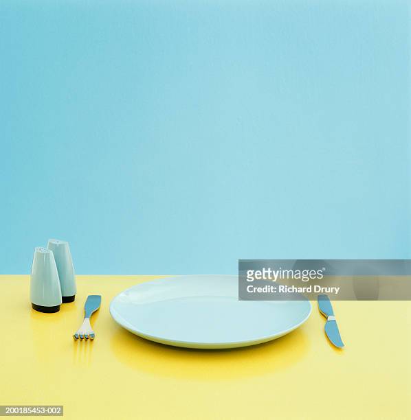 plate, utensils and salt and pepper shakers on table - plate with cutlery foto e immagini stock