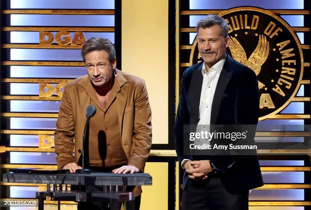 David Duchovny and Nikolaj Coster-Waldau speak onstage during the 76th Directors Guild of America Awards at The Beverly Hilton on February 10, 2024...