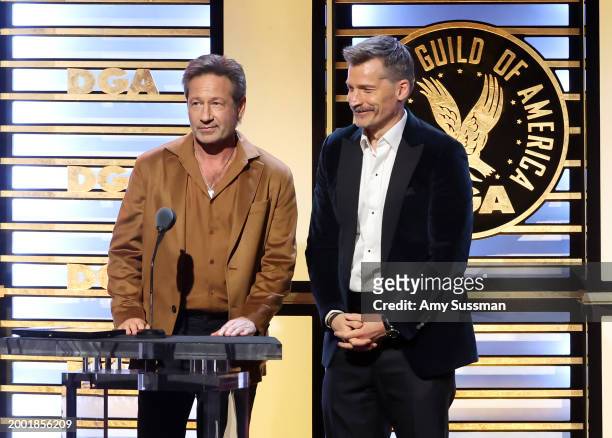 David Duchovny and Nikolaj Coster-Waldau speak onstage during the 76th Directors Guild of America Awards at The Beverly Hilton on February 10, 2024...