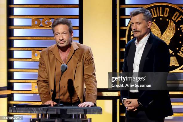 David Duchovny and Nikolaj Coster-Waldau speak onstage during the 76th Directors Guild of America Awards at The Beverly Hilton on February 10, 2024...