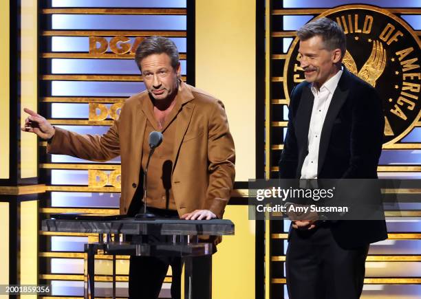 David Duchovny and Nikolaj Coster-Waldau speak onstage during the 76th Directors Guild of America Awards at The Beverly Hilton on February 10, 2024...