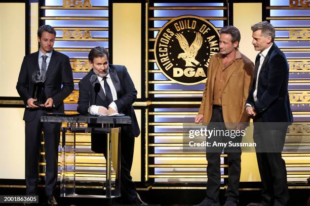 Honoree David Nutter accepts the Lifetime Achievement Award in Television from David Duchovny and Nikolaj Coster-Waldau attend the 76th Directors...