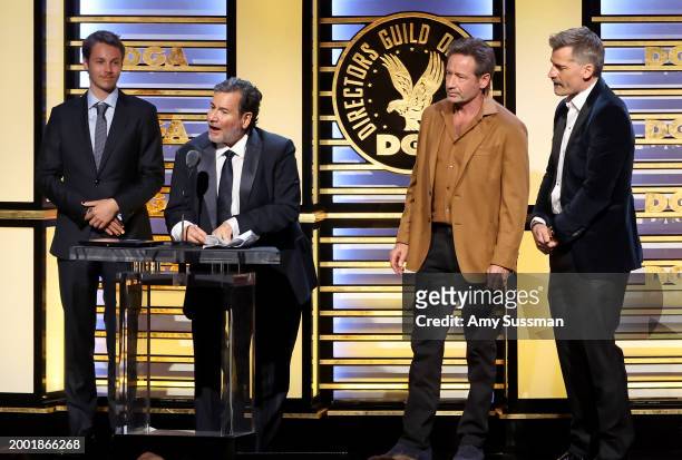 Honoree David Nutter accepts the Lifetime Achievement Award in Television from David Duchovny and Nikolaj Coster-Waldau onstage during the 76th...