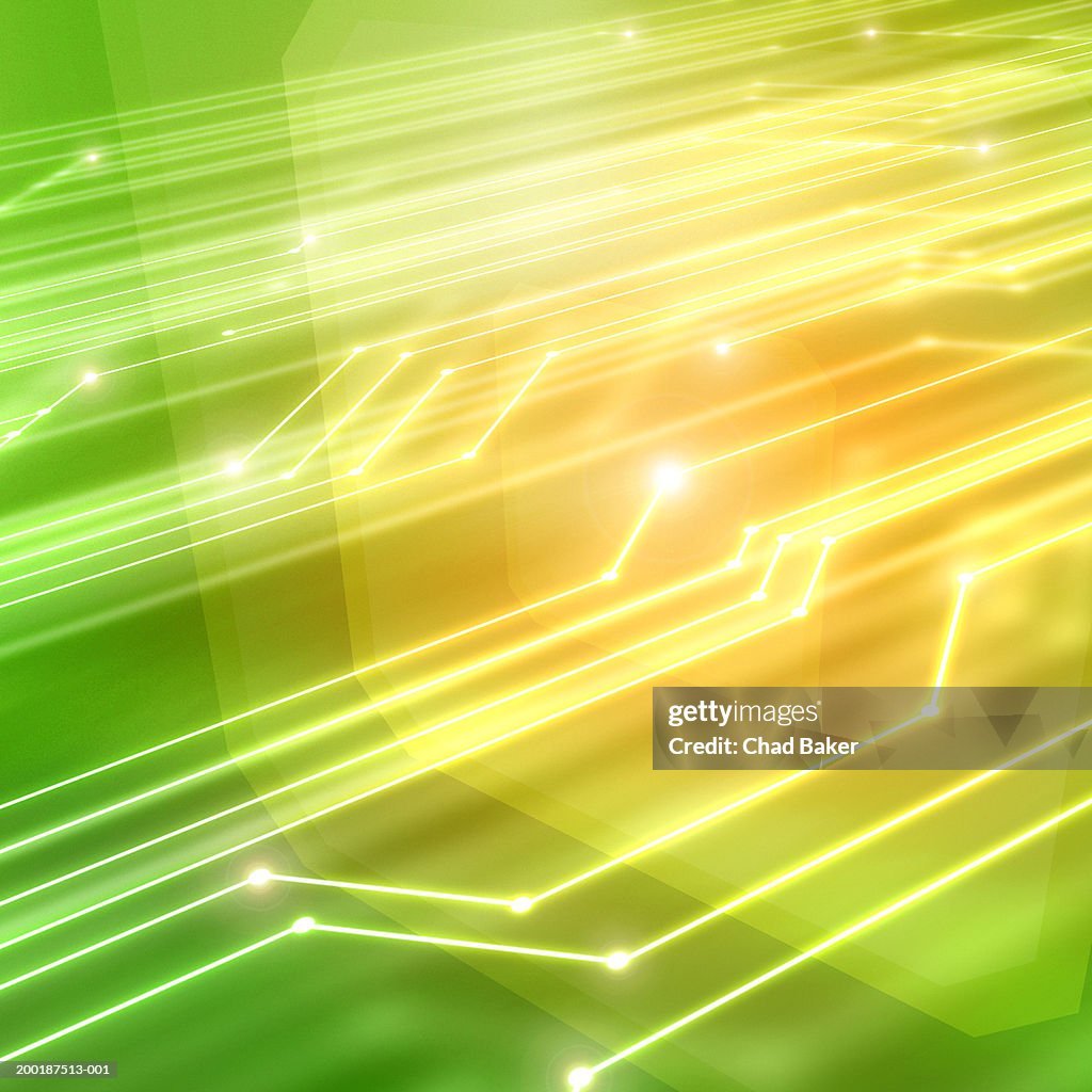 Illuminated circuit board against abstract digital background