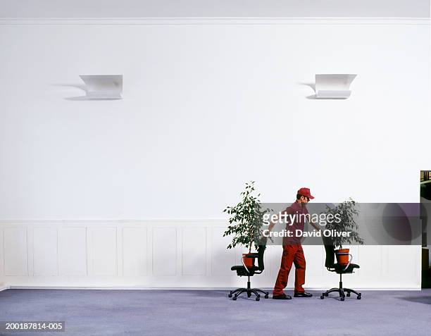 man moving pot plants on chairs, indoors - moving office stock pictures, royalty-free photos & images