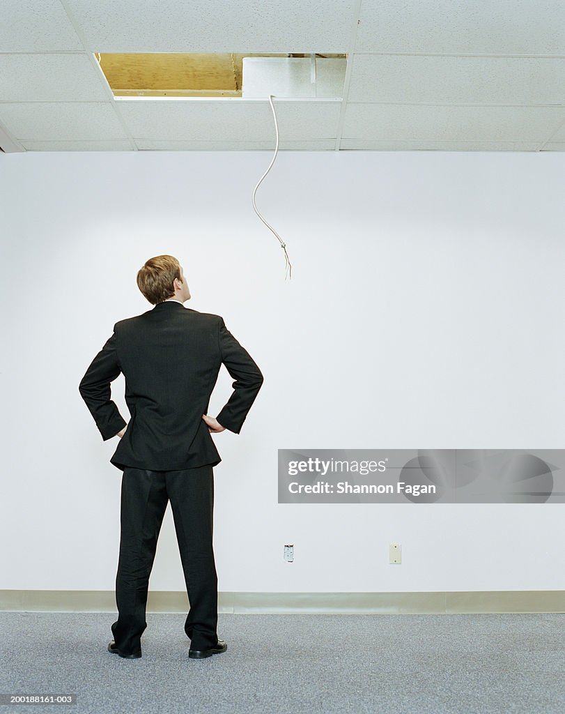 Businessman looking at open ceiling panel, rear view