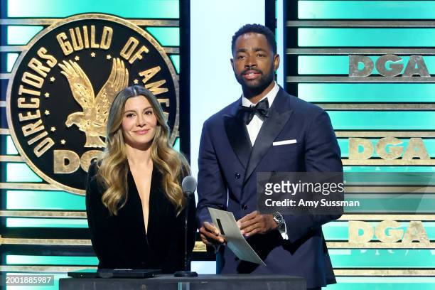 Nasim Pedrad and Jay Ellis speak onstage during the 76th Directors Guild of America Awards at The Beverly Hilton on February 10, 2024 in Beverly...