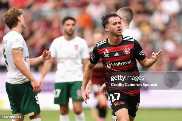 Lachlan Brook of the Wanderers celebrates scoring a goal during the A-League Men round 16 match between Western Sydney Wanderers and Newcastle Jets...