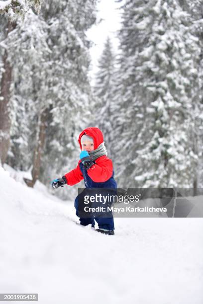 happy child in winter forest - kapstaden stockfoto's en -beelden