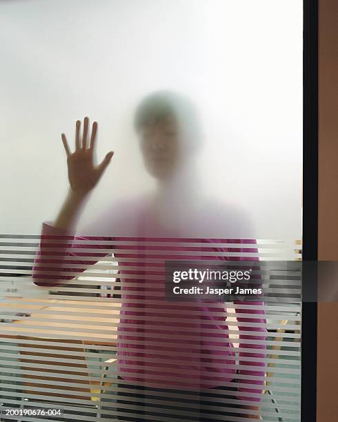 businesswoman in meeting room, hand on window, view through glass - verre dépoli photos et images de collection
