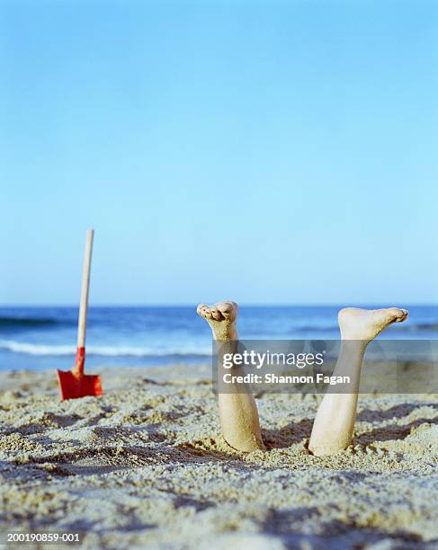 young woman buried upside down in sand, feet sticking out - sunny day stock pictures, royalty-free photos & images