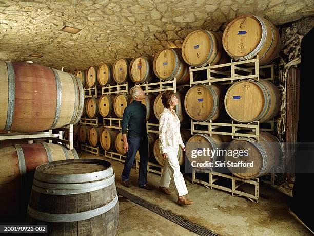 mature couple visiting cellar in winery - wine cellar stock pictures, royalty-free photos & images