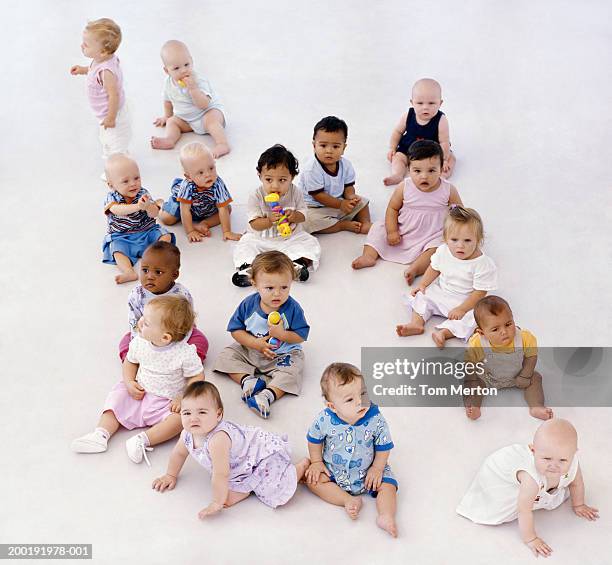 group of babies (5-12 months) sitting on floor, elevated view - baby group stock-fotos und bilder