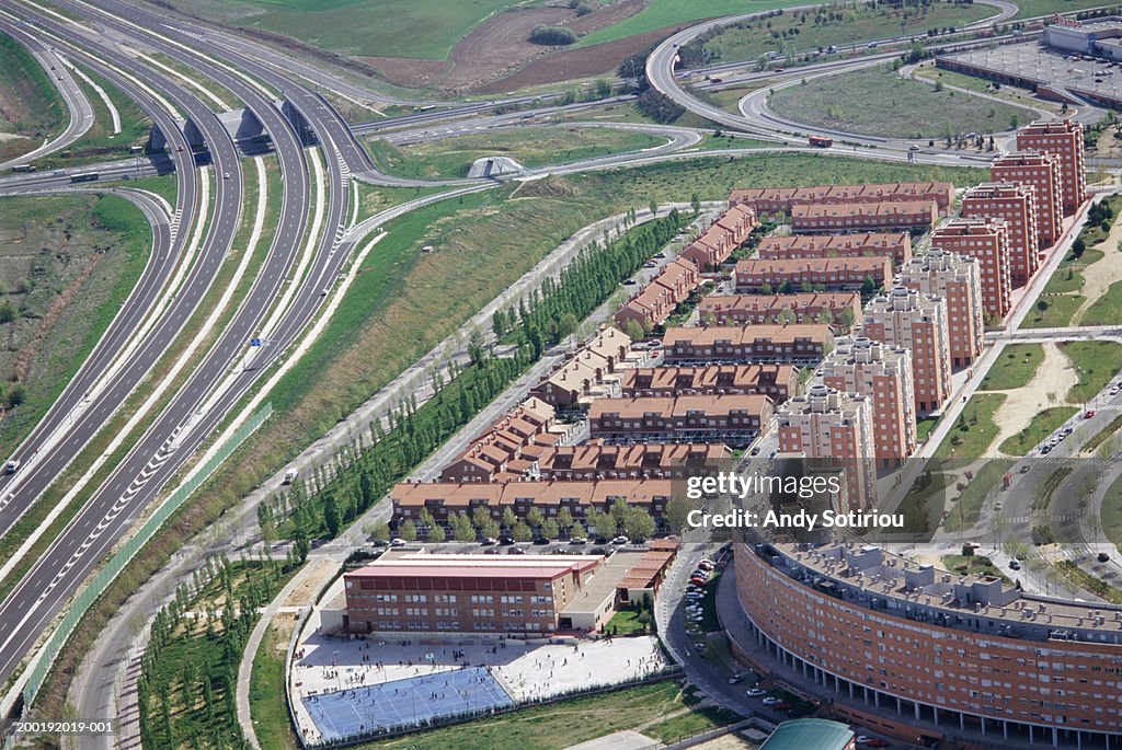 Spain Developments Spain Madrid Housing Development Beside Highway Aerial View High-Res ...