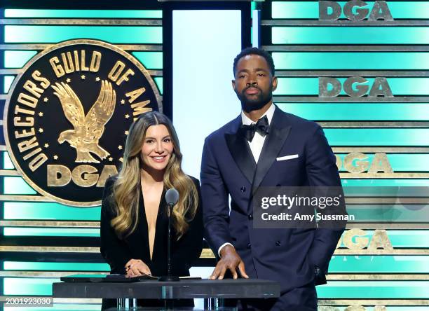 Nasim Pedrad and Jay Ellis speak onstage during the 76th Directors Guild of America Awards at The Beverly Hilton on February 10, 2024 in Beverly...