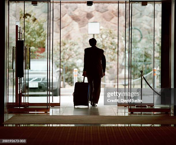 businessman leaving lobby with luggage, rear view - hotel tür stock-fotos und bilder