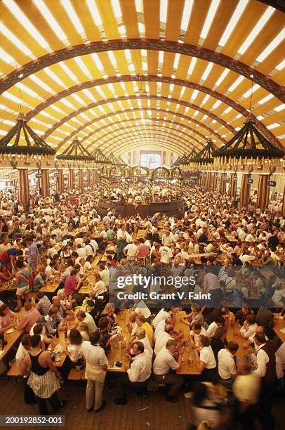 people at beer hall festival, elevated view - ビアホール ストックフォトと画像