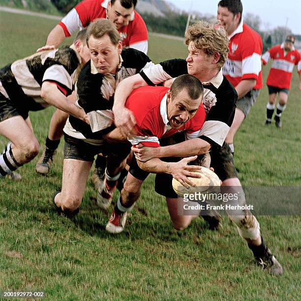 young male rugby player being tackled by opponents - tackling photos et images de collection