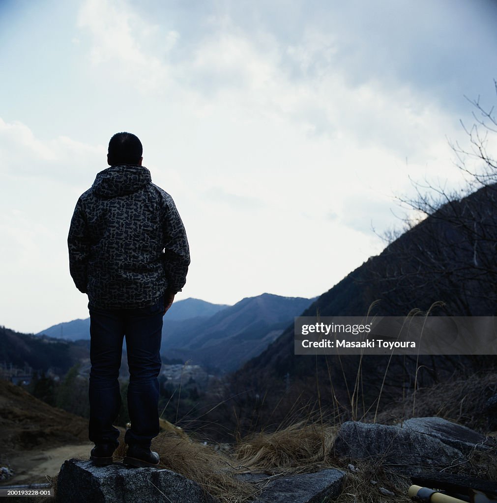 Young man standing on rock, looking at mountain view, rear view