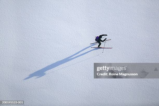 cross-country skier on frozen lake, aerial view - 越野滑雪 個照片及圖片檔