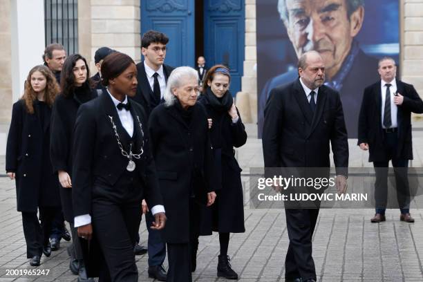 The widow of former French justice minister Robert Badinter, Elisabeth Badinter and France's Minister for Justice Eric Dupond-Moretti attend a...