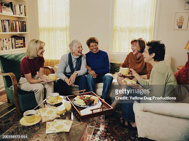 group of mature women in living room, laughing - friends talking living room stock-fotos und bilder