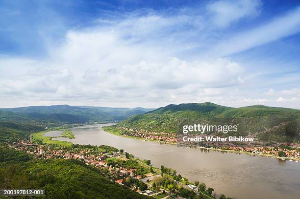 hungary, visegrad, danube river, aerial view - visegrad hungary stock pictures, royalty-free photos & images