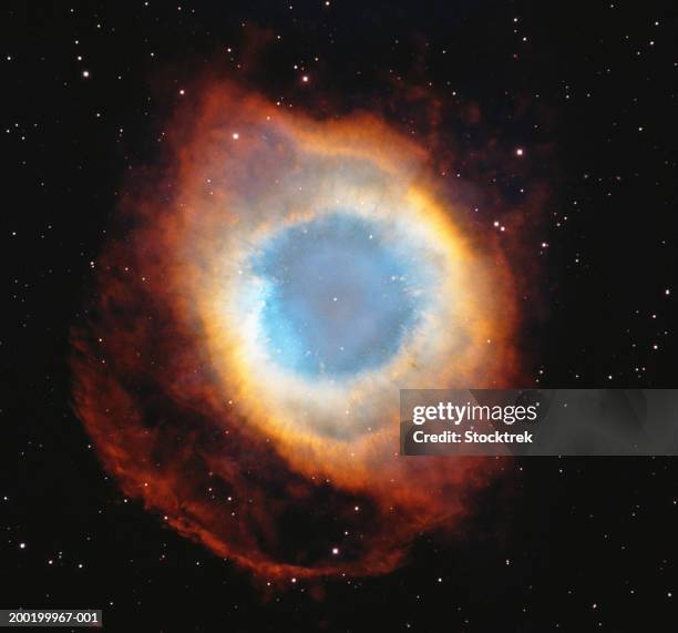 helix nebula, satellite view (digital composite) - sternennebel stock-fotos und bilder