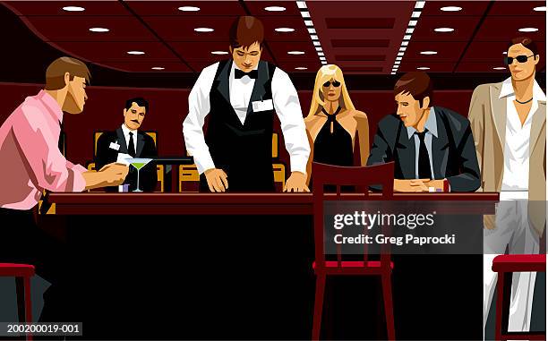 people in casino watching card dealer at gaming table - halsausschnitt stock-grafiken, -clipart, -cartoons und -symbole