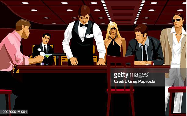 stockillustraties, clipart, cartoons en iconen met people in casino watching card dealer at gaming table - casino dealer