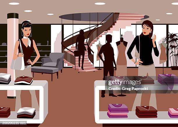 ilustrações, clipart, desenhos animados e ícones de women looking at clothing in retail store - escada caracol