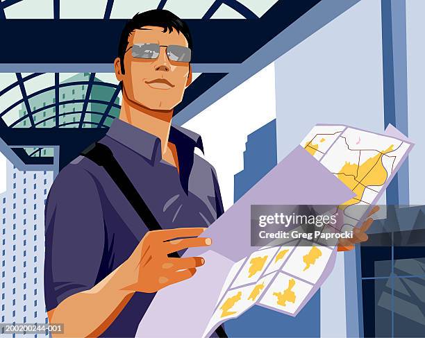 man holding map - oberlicht stock-grafiken, -clipart, -cartoons und -symbole