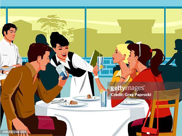 ilustraciones, imágenes clip art, dibujos animados e iconos de stock de waitress talking to three adults sitting at table in restaurant - happy smiling young woman side view
