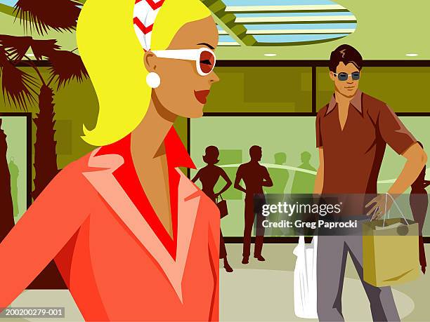 woman looking at man carrying shopping bags - oberlicht stock-grafiken, -clipart, -cartoons und -symbole