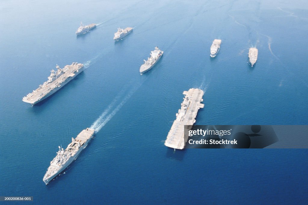 Fleet of military ships at sea in Arabian Gulf, May 2003