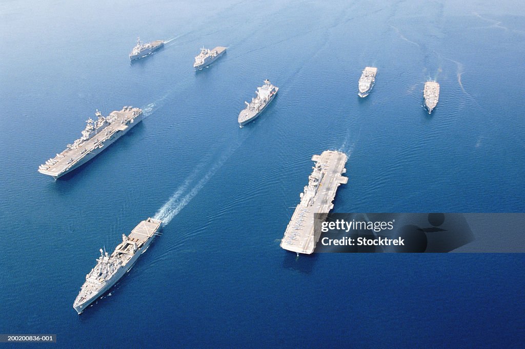 Fleet of military ships at sea in Arabian Gulf, May 2003