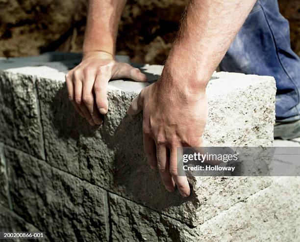 man building garden wall, close-up - garden wall stock pictures, royalty-free photos & images