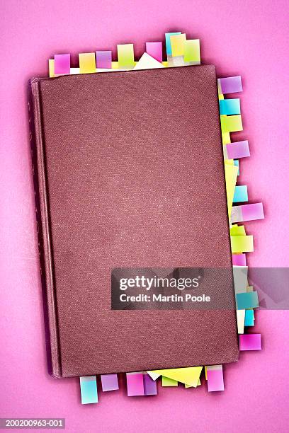 notebook with sticky notes marking pages, overhead view - personal organiser stock pictures, royalty-free photos & images