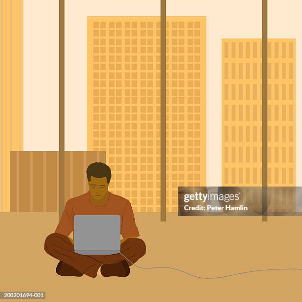 man sitting on floor, using laptop - using laptop front view stock illustrations