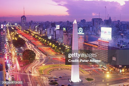 Argentina, Buenos Aires, Plaza de la Republica at dusk, elevated view