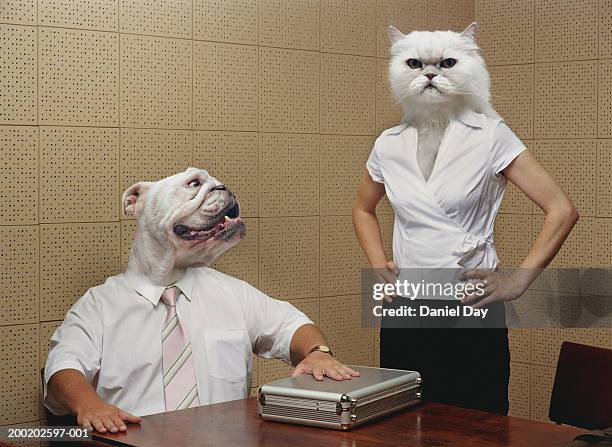 man and woman metamorphasised as cat and dog (digital composite) - man with animal head stock pictures, royalty-free photos & images