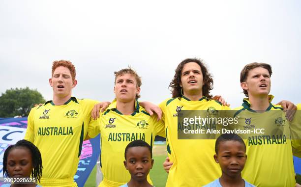 Players of Australia line up during the National Anthems ahead of the ICC U19 Men's Cricket World Cup South Africa 2024 Final between India and...
