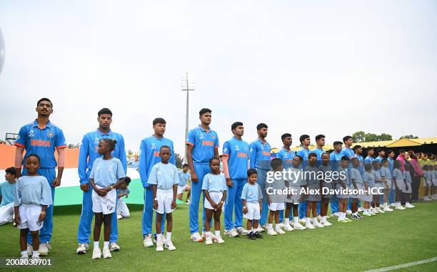 Players of India line up during the National Anthems ahead of the ICC U19 Men's Cricket World Cup South Africa 2024 Final between India and Australia...